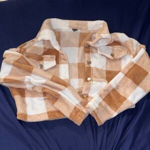 SHEIN Brown and White Buffalo Plaid Teddy Jacket